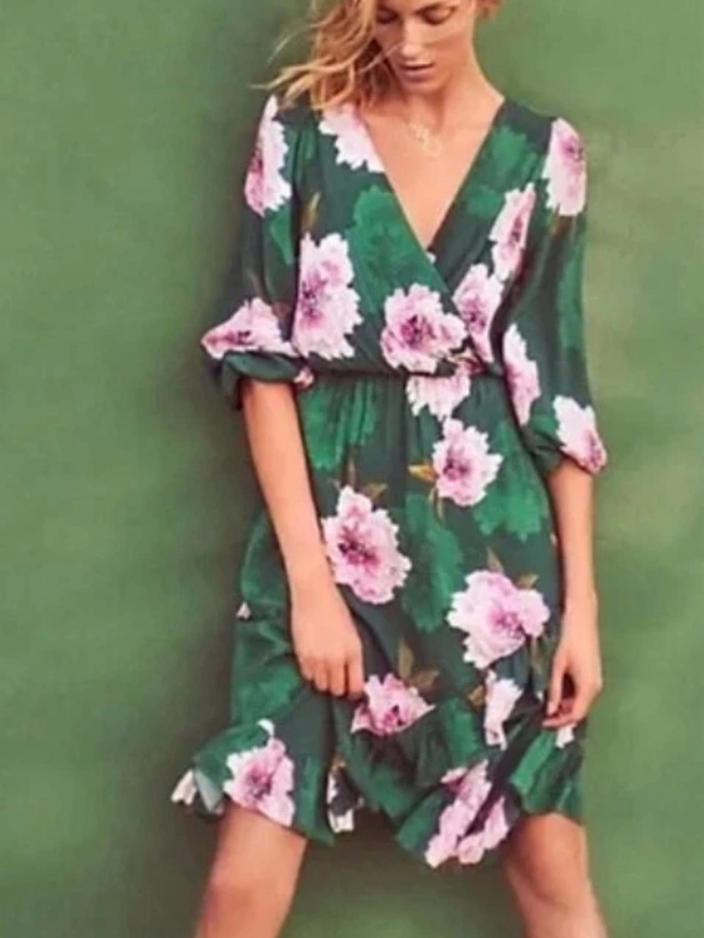Tracey Reese Anthropologie Green Floral Wrap Dress with Pink Blossoms SP